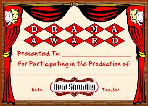 Drama and Theatre Award Certificate for Elementary School Children