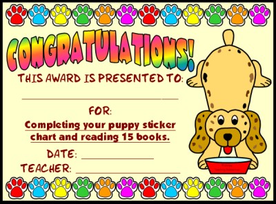 Free Reading Award Certificate Dog Theme