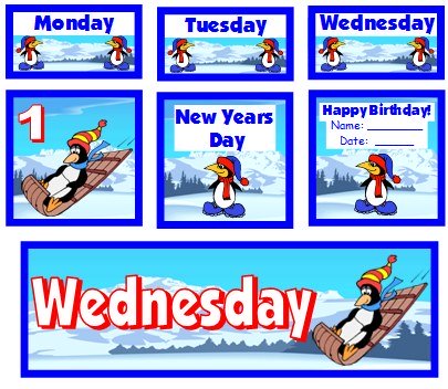 January Penguin Calendar Set For Elementary School Teachers Using Pocket Charts