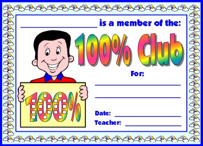 100 Percent Club Student Award Certificate (100% Club)